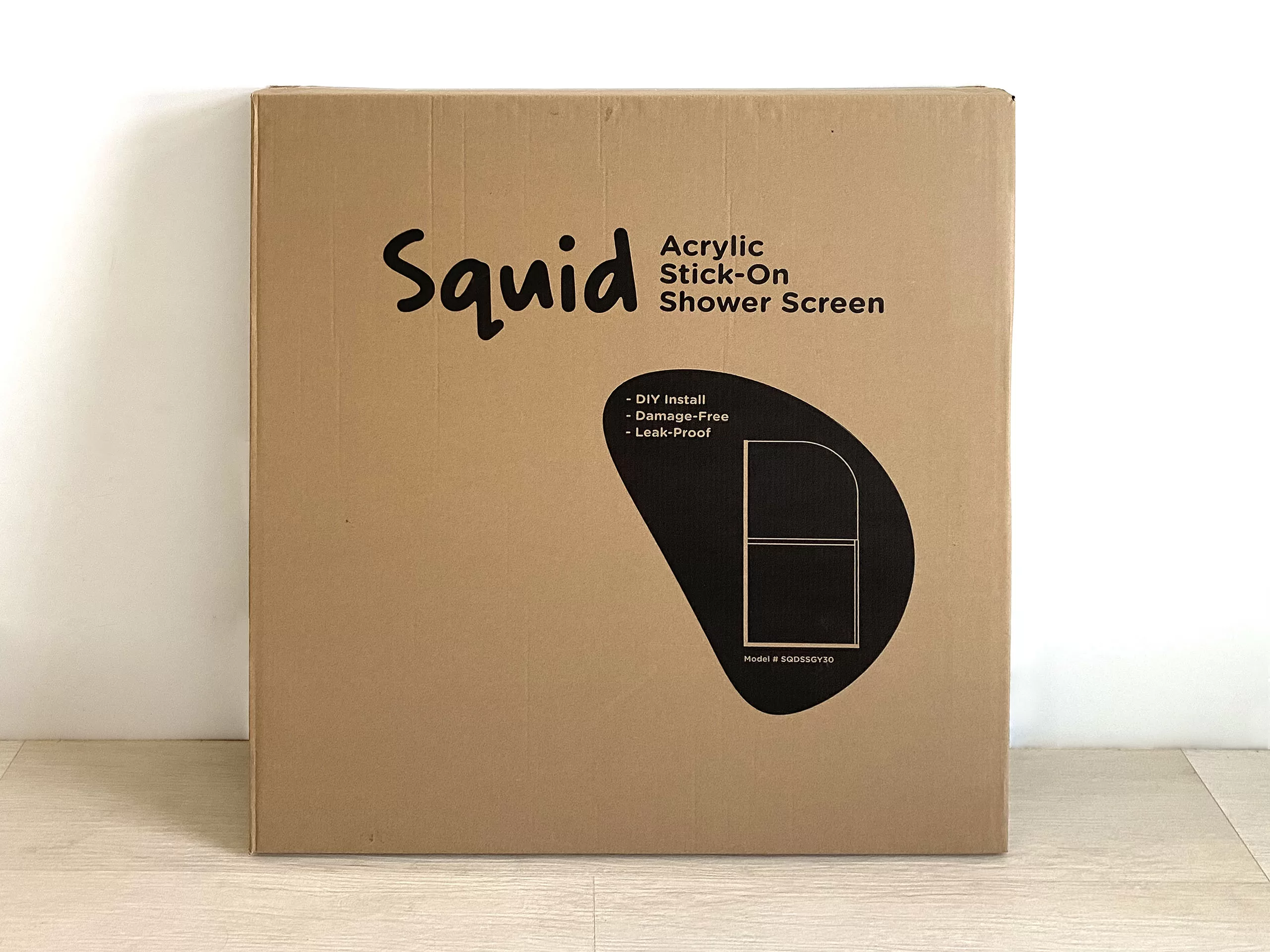 SQUID Acrylic Stick-On Shower Screen packaging